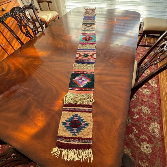 Zapotec 7 Panel Table Runner Mexican 79 "x 7"  Wool Hand Woven Folk Art Fringe - Picture 9 of 16